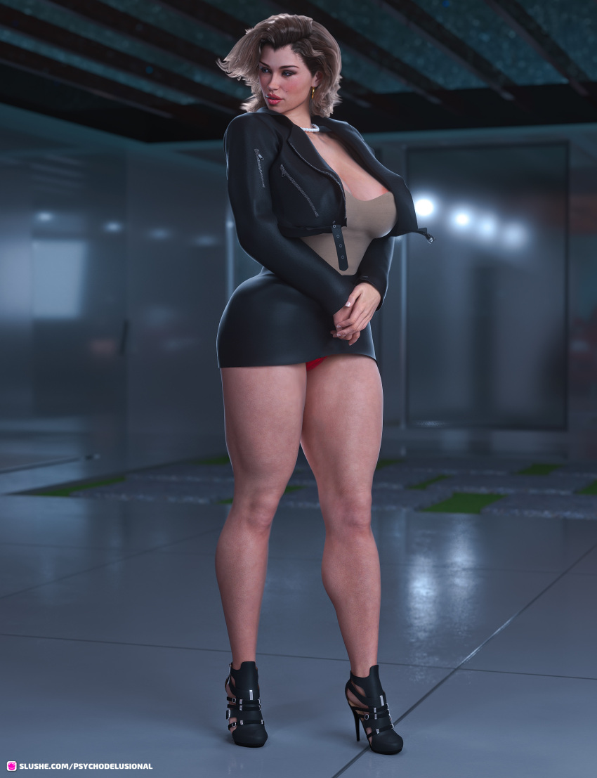 1girls 2020 3d apocalust blonde_hair clothed clothing depth_of_field earrings evelyn_(psychodelusional) female female_only high_heels indoors large_breasts mature mature_female milf necklace original_character panties psychodelusional skirt slushe_(website) solo solo_female standing