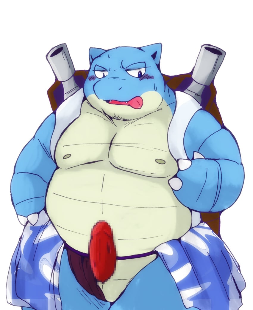 2022 anthro asian_clothing belly big_belly blastoise blue_body blush censored clothing clothing_aside east_asian_clothing erection fundoshi fundoshi_aside genitals hi_res japanese_clothing kemono male male_only moobs nintendo nipples overweight overweight_male penis pokémon_(species) pokemon simple_background snow_utamaru solo solo_male tongue tongue_out underwear underwear_aside video_games