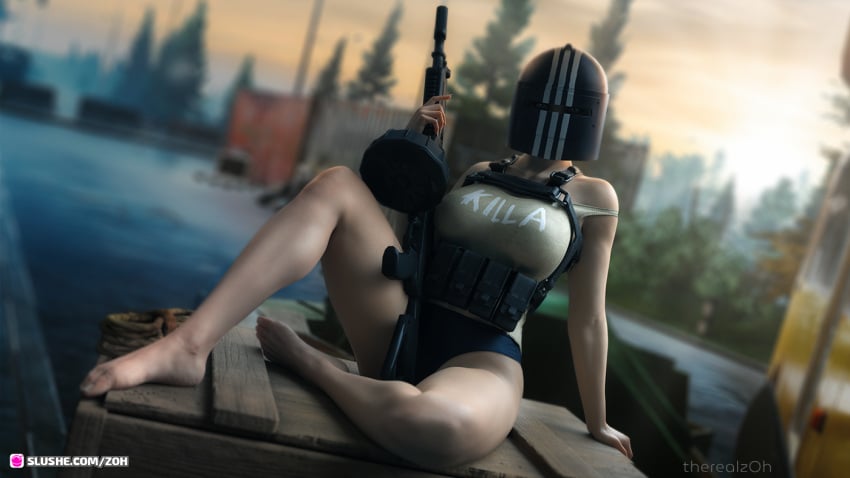 1girls 2022 3d ammo_belt ammo_pouch clothed clothing depth_of_field dutch_angle english_text escape_from_tarkov female female_only forest helmet holding_gun holding_object holding_rifle holding_weapon killa_(escape_from_tarkov) large_breasts outdoor outdoors outside panties rule_63 slushe_(website) solo solo_female straps therealzoh wallpaper water zoh