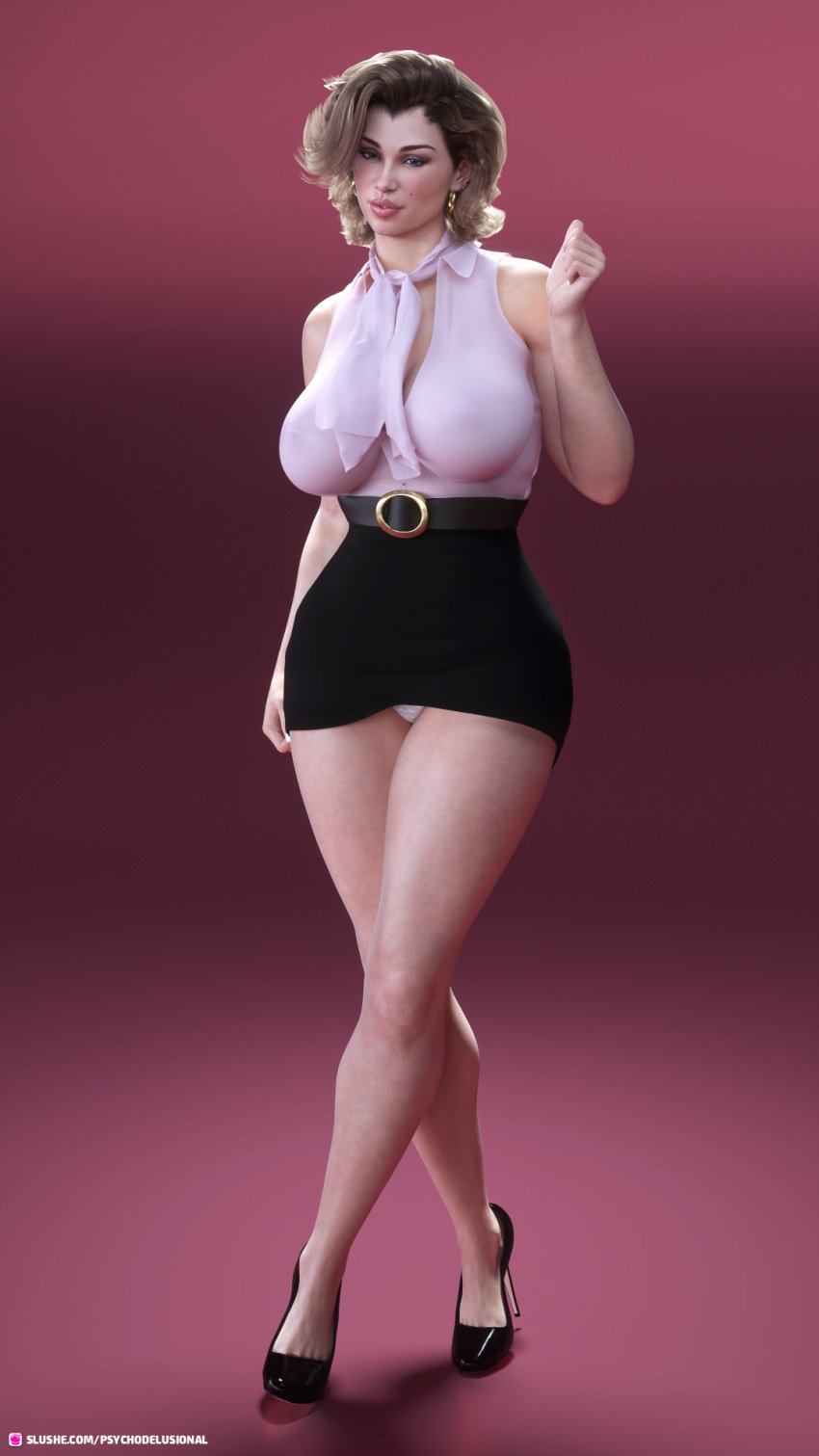 1girls 2019 3d apocalust black_high_heels black_skirt blonde_hair clothed clothing earrings evelyn_(psychodelusional) female female_only gradient_background high_heels large_breasts mature mature_female milf nipple_bulge nipples_visible_through_clothing original_character panties psychodelusional red_background skirt slushe_(website) solo solo_female standing white_panties