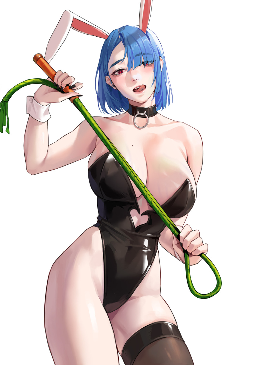 beauty_mark beauty_mark_on_breasts big_breasts blue_hair blush breasts bunny_costume bunny_ears bunnysuit carrot_whip choker cocoro_moto collar curves curvy curvy_body curvy_female curvy_figure hips huge_breasts large_breasts licking licking_lips mole mole_on_breast mouth_open red_eyes revealing_clothes slutty_outfit thick thick_thighs thigh_highs thighhighs tongue tongue_out whip white_background