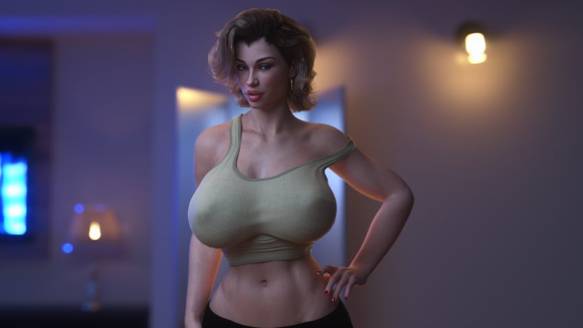 1girls 2019 3d beauty_mark big_breasts blonde_hair clothed clothing depth_of_field evelyn_(psychodelusional) female female_only fit_female front_view hand_on_hip huge_breasts indoors light-skinned_female looking_at_viewer mature mature_female milf nipple_bulge nipples_visible_through_clothing original_character piercing psychodelusional short_hair slushe_(website) solo solo_female wide_hips