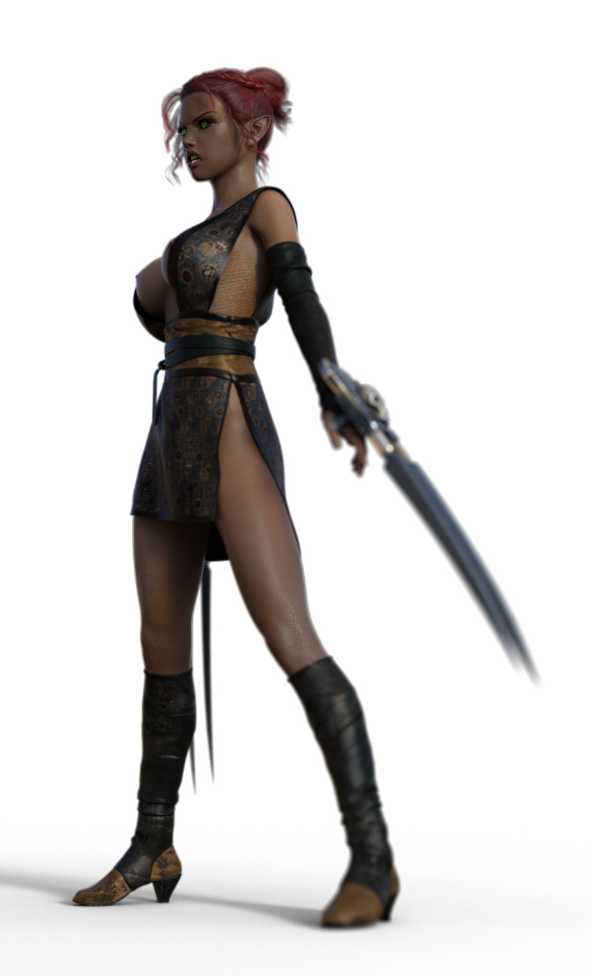 1girls 2019 3d clothed clothing dark-skinned_female dark_skin depth_of_field elf_ears female female_only gazukull green_eyes holding_weapon large_breasts pointy_ears red_hair slushe_(website) solo solo_female transparent_background