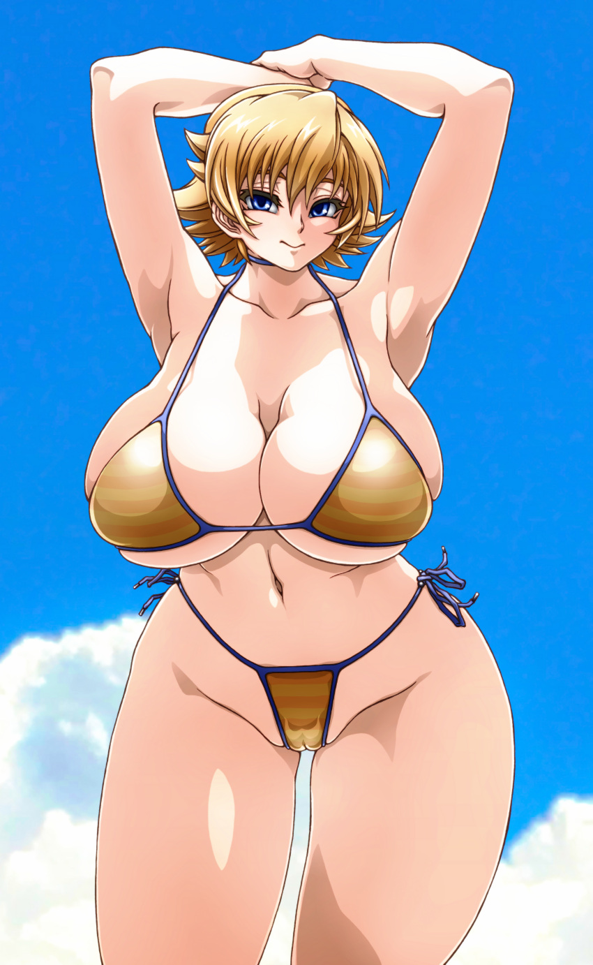 1girls absurd_res armpits arms_up bangs big_breasts bikini blonde_hair blue_eyes breasts cameltoe cleavage clothing cloud collar curvy eyelashes female female_focus female_only hips huge_breasts human igawa_sakura large_breasts looking_at_viewer navel outdoors outside pinup revealing_clothes short_hair sideboob skimpy skindentation smile solo solo_female swimsuit taimanin_(series) taimanin_asagi thick_thighs thigh_gap thighs underboob voluptuous wide_hips wrato