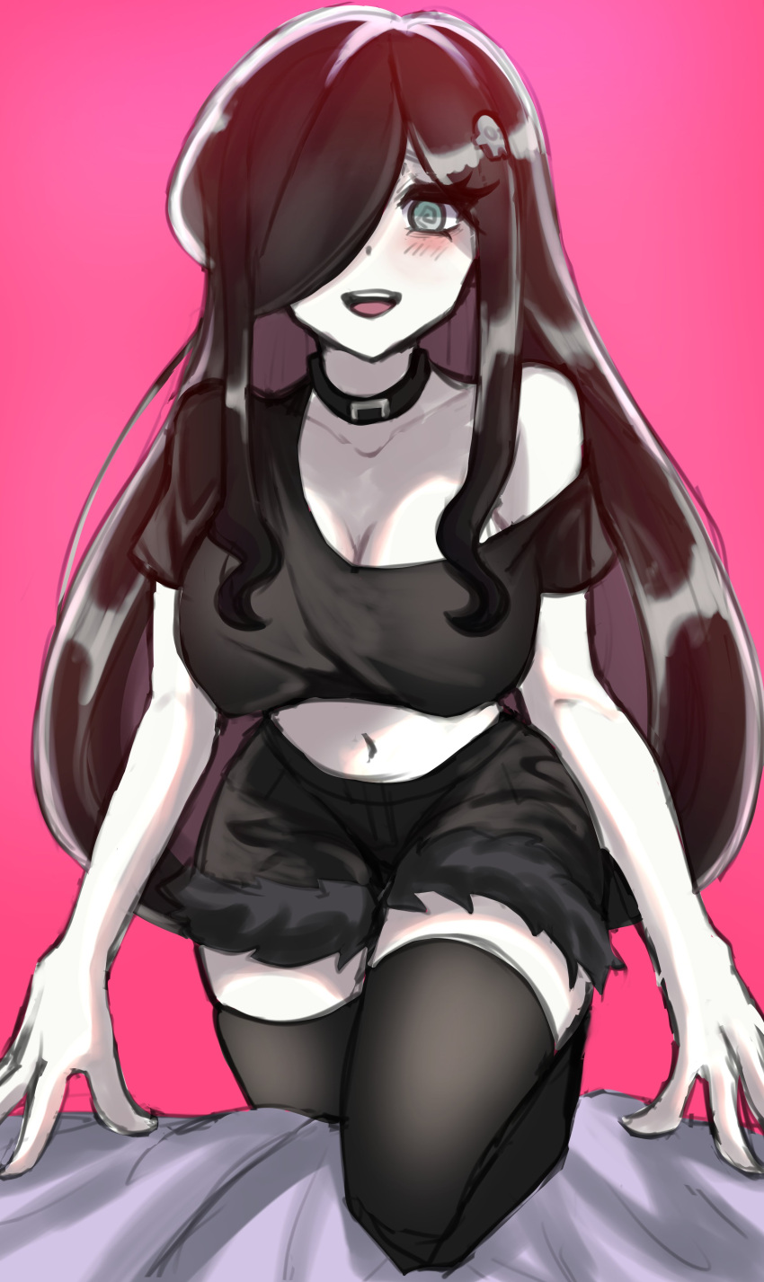 1girls 2022 absurd_res aria_(parororo) aria_wintermint black_hair black_thighhighs blush clothing collar female female_only hair_over_one_eye long_hair looking_at_viewer nyapii pink_background smiling_at_viewer solo solo_female spiral_eyes thighhighs voluptuous