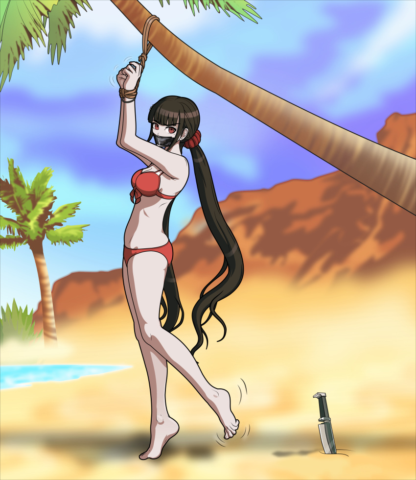 2022 alternate_version_available beach bikini bikini_bottom bikini_top black_hair bound_wrists breasts cleavage danganronpa danganronpa_s:_ultimate_summer_camp danganronpa_v3 gag gagged harukawa_maki just_some_guy knife long_hair medium_breasts mouth_gag pale-skinned_female palm_tree red_bikini red_bra red_eyes red_underwear rock rope rope_around_waist rope_bondage sand sea sky smooth_skin tape tape_gag taped_mouth