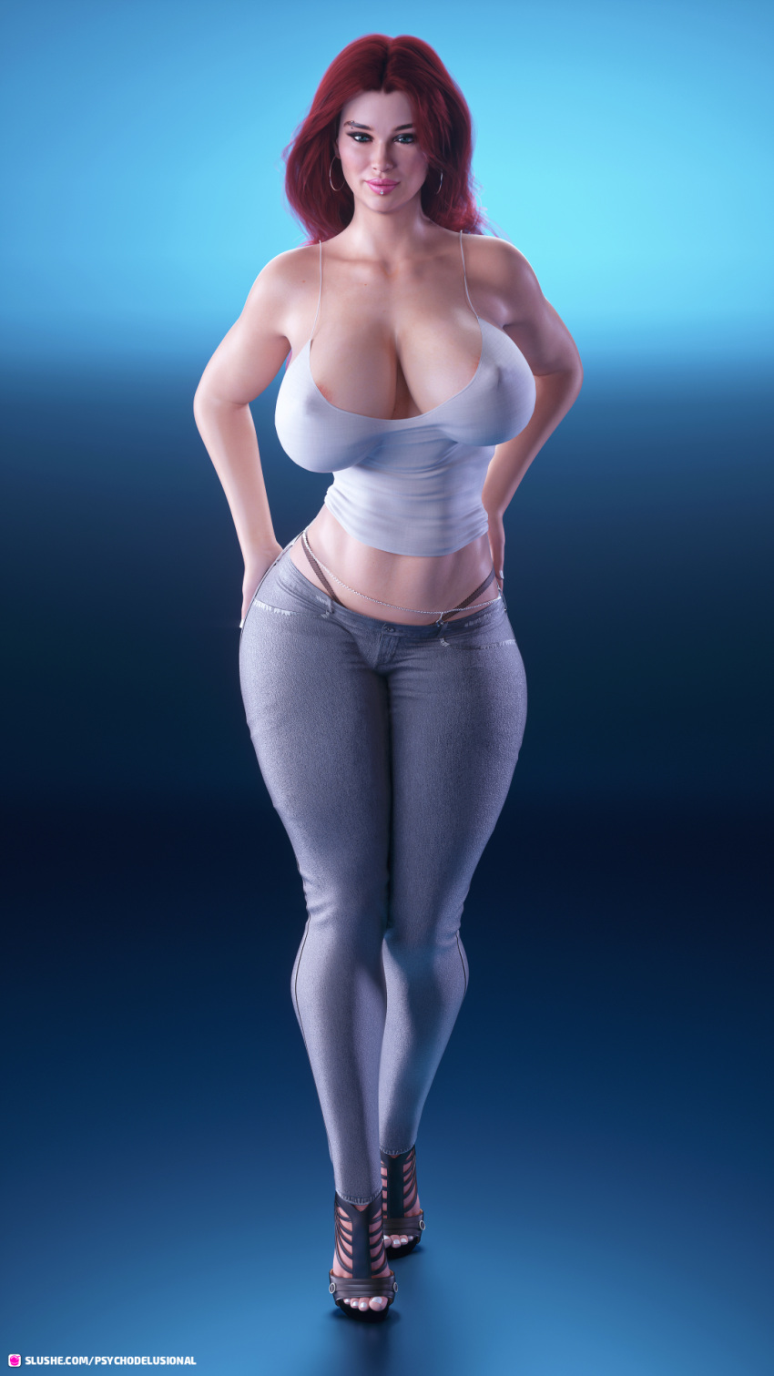 1girls 2019 3d apocalust blue_background clothed clothing denim denim_bottomwear denim_clothing denim_jeans earrings eyebrow_piercing female female_only front_view gradient_background high_heels hoop_earrings huge_breasts jeans kendra_(psychodelusional) long_hair narrow_waist nipple_bulge nipple_peek nipples_visible_through_clothing no_bra original_character panties pants psychodelusional red_hair slushe_(website) solo solo_female