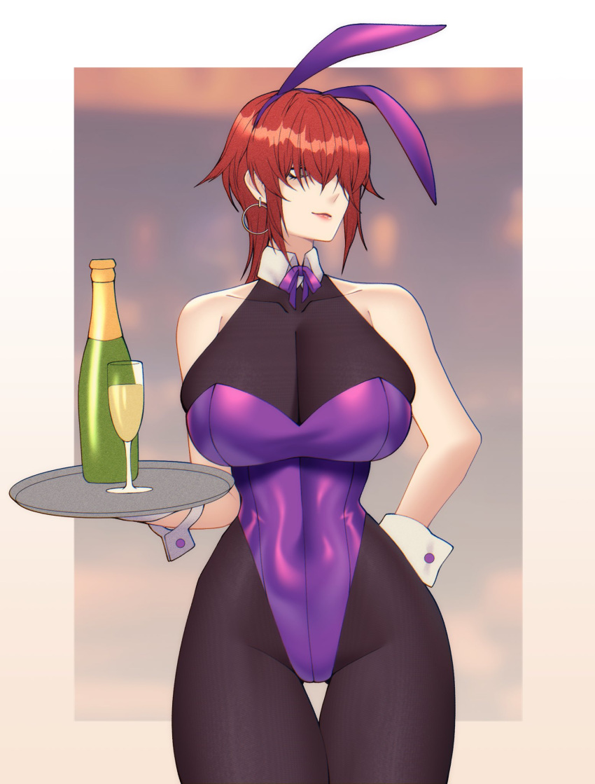 alcohol belly_button_visible_through_clothing big_breasts breasts bunny_costume bunny_ears bunnysuit cero_rains curves curvy curvy_body curvy_female curvy_figure curvy_hips drink drinks earring exposed_shoulders eyes_covered eyes_hidden glass hair_covering_eye hair_covering_eyes hair_over_eyes huge_breasts large_breasts lips plate red_hair revealing_clothes serving_beverage serving_drink serving_platter serving_tray shoulders slutty_outfit tagme thick thick_thighs thigh_gap thighs thin_waist waist waitress wine wine_bottle