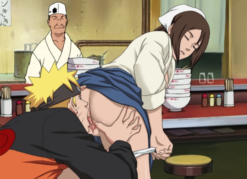 1girls 2boys age_difference ass_grab ayame_(naruto) bandana being_watched bent_over closed_eyes cunnilingus duo duo_focus father_and_daughter from_behind ichiraku_ramen jacket licking licking_pussy male/female moaning multiple_boys naruto naruto_(series) naruto_shippuden older_female older_woman_and_younger_boy oral panties panties_down restaurant sex shirt skirt spread_pussy teuchi_(naruto) unprofessional_behavior uzumaki_naruto voyeur waitress watching wet wet_pussy yellow_hair younger_dom_older_sub younger_male