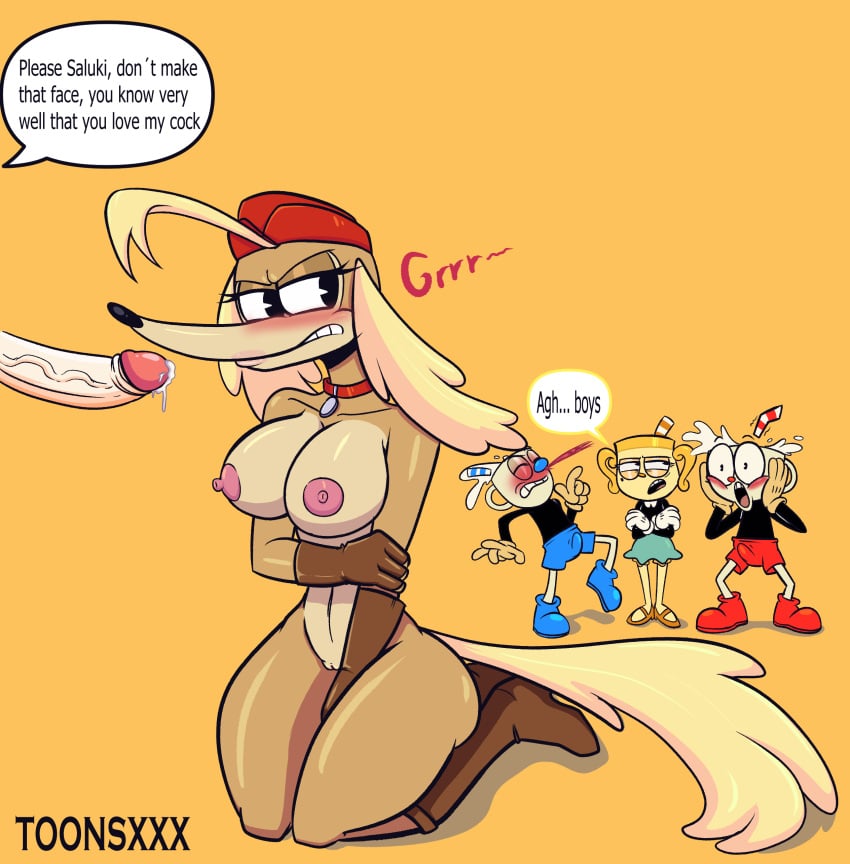 angry angry_face anthro areola ass big_breasts big_penis breasts busty cum cuphead cuphead:_the_delicious_last_course cuphead_(game) dialogue ejaculation female footwear funny_background_event furry handwear headwear humanoid long_penis male ms._chalice mugman nipples penis pilot_saluki_(cuphead) pussy shy toonsxxx