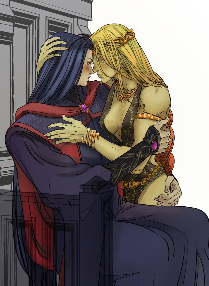 2girls ass ass_out big_breasts blonde_female breasts_to_breasts cleavage elden_ring face_to_face female_only fromsoftware groping_ass light-skinned_female marceline2174 milf queen_marika_the_eternal rennala_queen_of_the_full_moon wholesome yuri