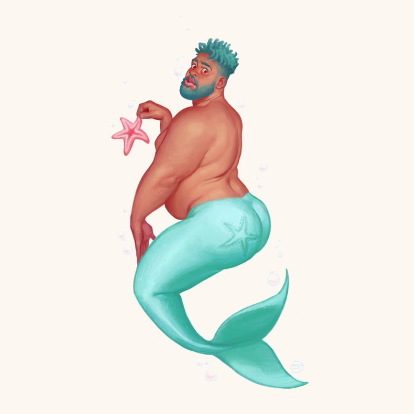 ass belly blue_tail chubby david_talaski looking_at_viewer looking_back male male_only melanin merman mermay pinup twitter_user_oc