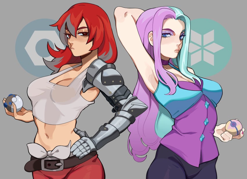 2girls age_difference armored_arm blue_eyes clothed clothed_female female female_only first_porn_of_character gym_leader light_blue_hair looking_at_viewer midriff milf multicolored_hair pink_hair pokemon pokemon_fangame pokemon_reborn porqueloin pose red_eyes red_hair red_pants serra_(pokemon_reborn) serra_voclain silver_hair tank_top titania_(pokemon_reborn) titania_andersen two_tone_hair