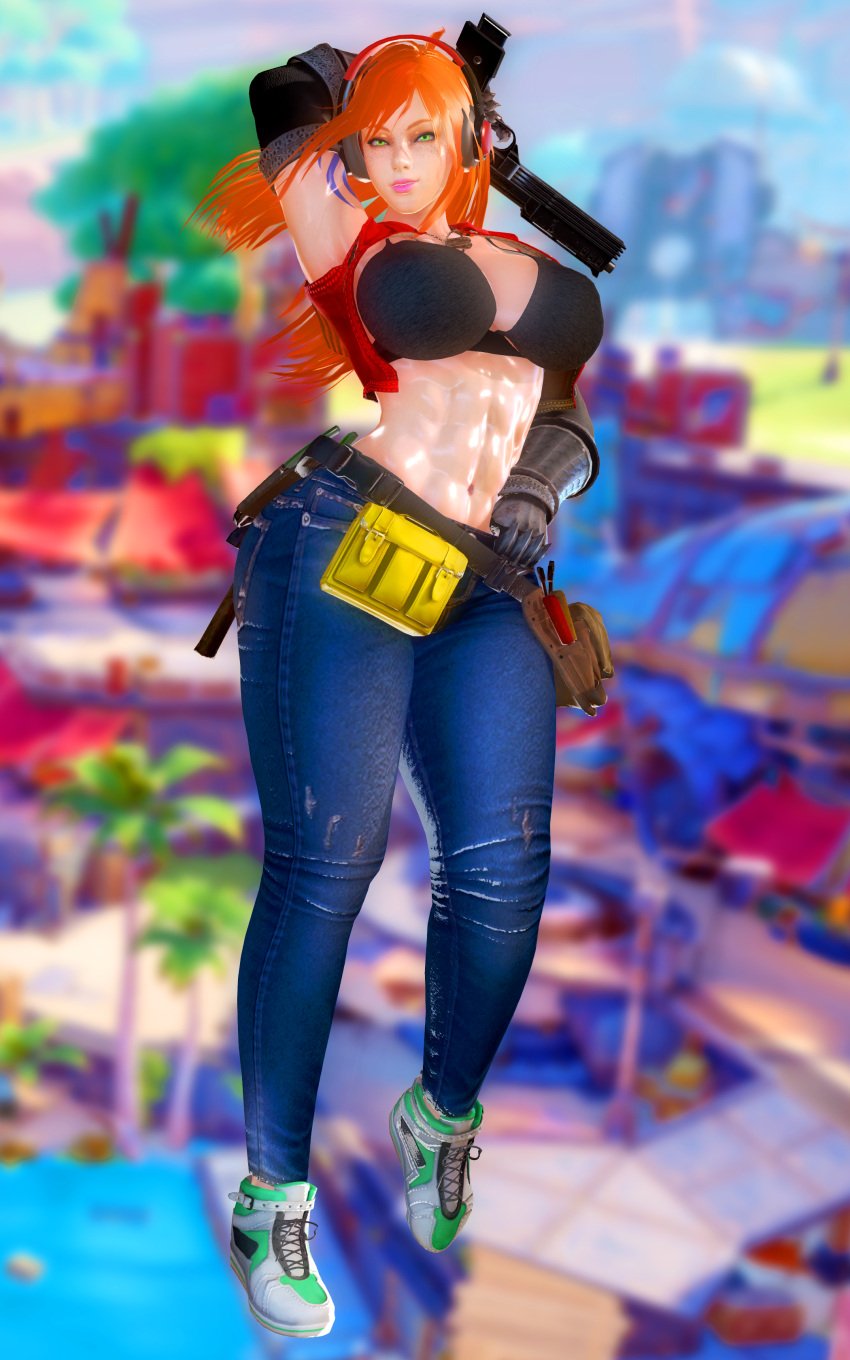 1girls 3d_(artwork) alternate_costume armpits belt big_breasts bra come_hither dog_tags female fit_female freckles gloves green_eyes gun headphones helixvindictus hightop honey_select jeans long_hair mabinogi_heroes muscular_female open_jacket red_hair short_jacket smile smiling smiling_at_viewer smirking_at_viewer tattoos thick_thighs tools tower_of_fantasy vella_(vindictus) vindictus