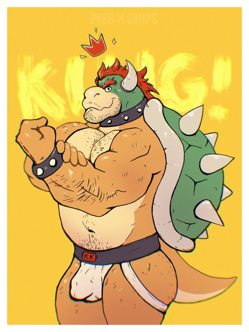 2022 anthro arm_hair bara barazoku belly biceps big_bulge big_muscles body_hair border bowser bracelet bulge chest_hair clothing collar crown detailed_bulge english_text eyebrows facial_hair flexing hair happy_trail hi_res horn jewelry jockstrap king koopa looking_at_viewer male male_only mario_(series) musclegut muscular muscular_anthro muscular_male navel nintendo pecs pubes rooinks royalty scalie shell simple_background smile solo spiked_bracelet spiked_collar spiked_shell spikes spikes_(anatomy) standing stubble text underwear video_games white_border yellow_background