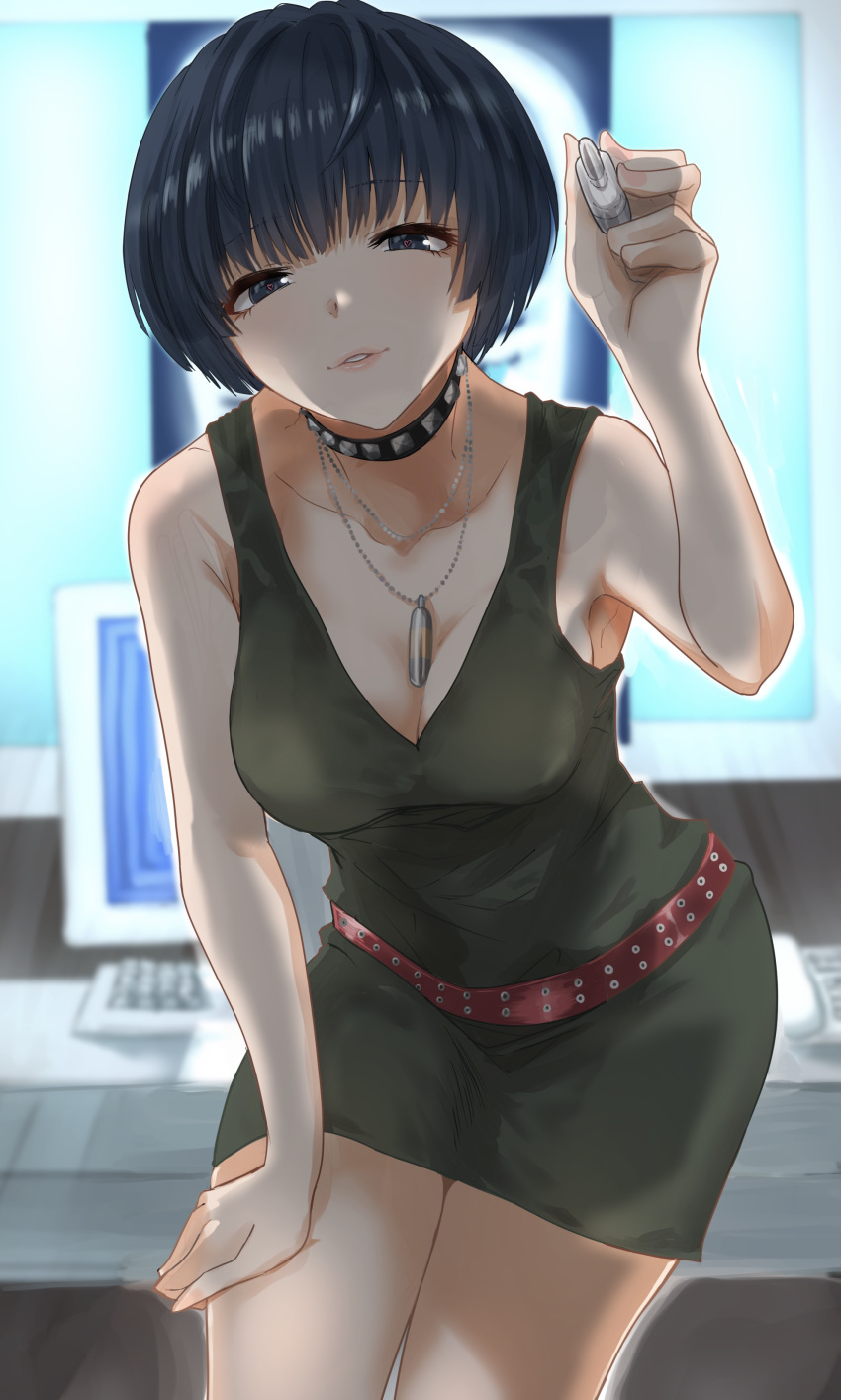 atlus belt black_choker black_eyelashes blue_eyebrows blue_eyes blue_hair breasts choker cleavage doctor eyelashes eyelashes_visible_through_hair green_dress hand_on_own_thigh hand_on_thigh hearts_in_eyes kurosususu large_breasts necklace persona persona_5 persona_5_royal punk red_belt shin_megami_tensei short_hair studded_choker tae_takemi thighs