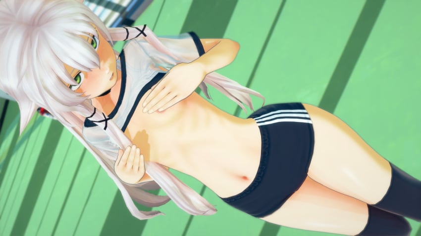 1girls 3d altina_orion belly belly_button blush breasts covered_navel covered_nipples covering covering_breasts covering_nipples eiyuu_densetsu exposed_breasts exposed_nipples female female_focus female_only flat_chest flat_chested green_eyes gym_clothes gym_shorts gym_uniform koikatsu krebskulm lifted_shirt long_hair midriff navel nipples sen_no_kiseki shirt shirt_lift shirt_up shorts sidelocks silver_hair small_breasts solo solo_female solo_focus sportswear stomach thighs trails_of_cold_steel underwear wet wet_clothes white_hair