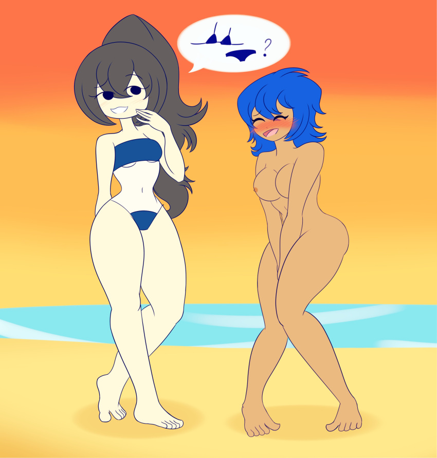 2girls ass blue_hair breasts covering dark-skinned_female dark_skin light-skinned_female light_skin limb_(limbros) limbros multiple_girls