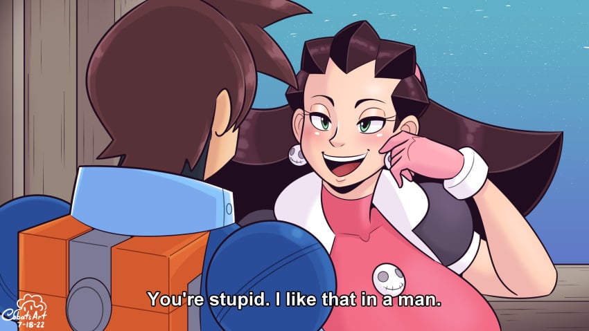 1boy 1girls big_breasts capcom cobatsart comedy female flirting funny humor male mega_man mega_man_legends mega_man_volnutt meme tagme tron_bonne unseen_male_face