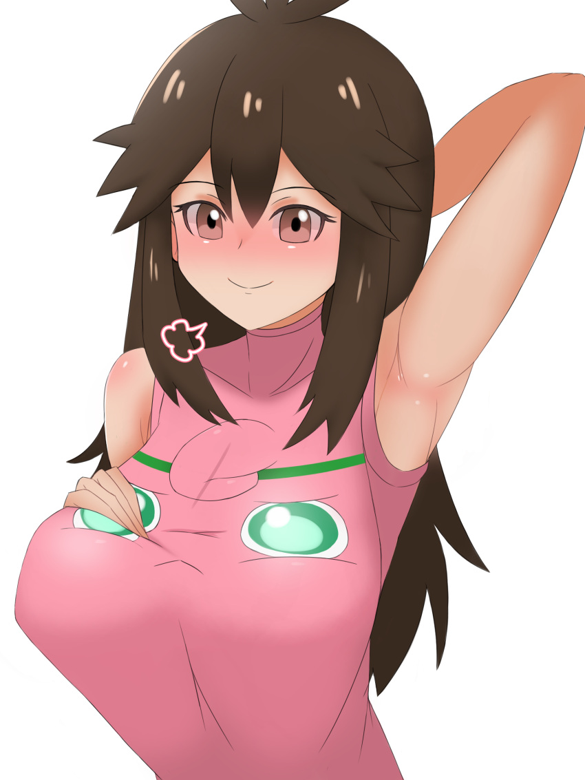 1girls armpits arms_up big_breasts blush breasts brown_eyes brown_hair character_print female female_only jigglypuff leaf_(pokemon) long_hair looking_at_viewer nintendo pibu pokemon pokemon_(species) pokemon_frlg shirt sleeveless sleeveless_shirt smile super_smash_bros. upper_body