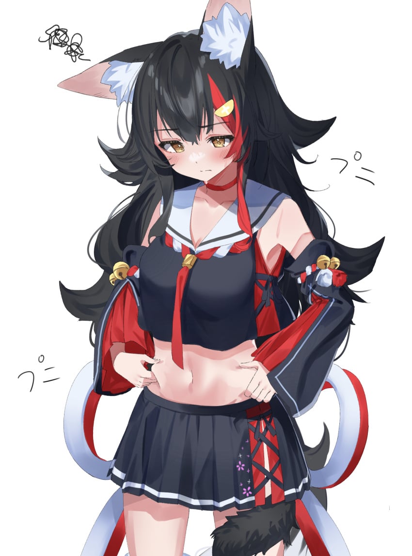 animal_ears belly belly_button belly_grab big_breasts breasts daichi_catcat furry_ears grabbing grabbing_belly grabbing_waist hololive hololive_gamers hololive_japan midriff milf ookami_mio self_fondle self_grab thighs tummy tummy_grab virtual_youtuber waist_grab wolf_ears wolf_girl yellow_eyes