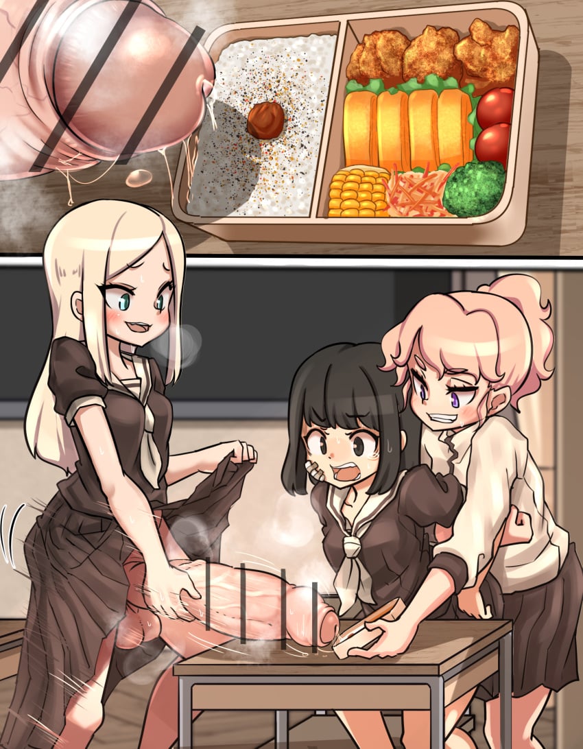 1futa 2girls bandages bar_censor bento black_eyes black_hair black_shirt black_skirt blonde_hair blue_eyes bottomless breasts bulge bully bullying censored chair classroom clothed clothes_lift clothing crying desk erection female femdom food foreskin fully_clothed futadom futanari grin heavy_breathing highres huge_cock human humiliation imminent_cumshot imminent_orgasm indoors jacket lemon_snail lifted_by_self light-skinned_futanari light_skin long_hair masturbating_futa masturbation mostly_clothed multiple_girls neckerchief open_mouth original partially_retracted_foreskin penis pink_hair precum purple_eyes restrained school_desk school_uniform serafuku shirt short_sleeves skirt skirt_lift smile standing steam testicles uncut undersized_balls white_neckerchief