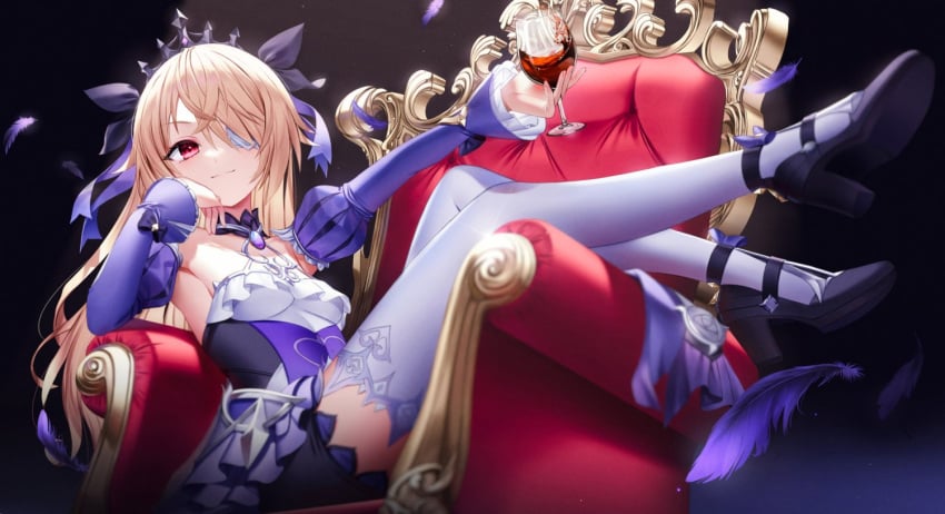 1girls armpit blonde_female blonde_hair drink e__kh eye_patch eyes female fischl_(ein_immernachtstraum)_(genshin_impact) fischl_(genshin_impact) genshin_impact glass glass_cup heels holding_drink holding_drinking_glass laying_on_throne one_eye_closed petite princess red_eye red_eyes royalty smile smiling smug solo throne wine wine_glass