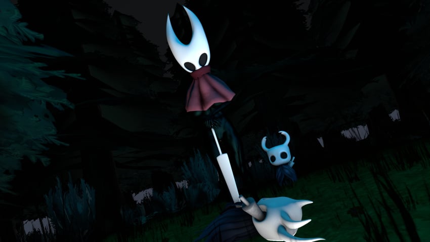 3d almost_naked bleatway breasts caught forest hollow_knight hornet_(hollow_knight) looking_at_viewer protagonist_(hollow_knight) siblings source_filmmaker standing tagme