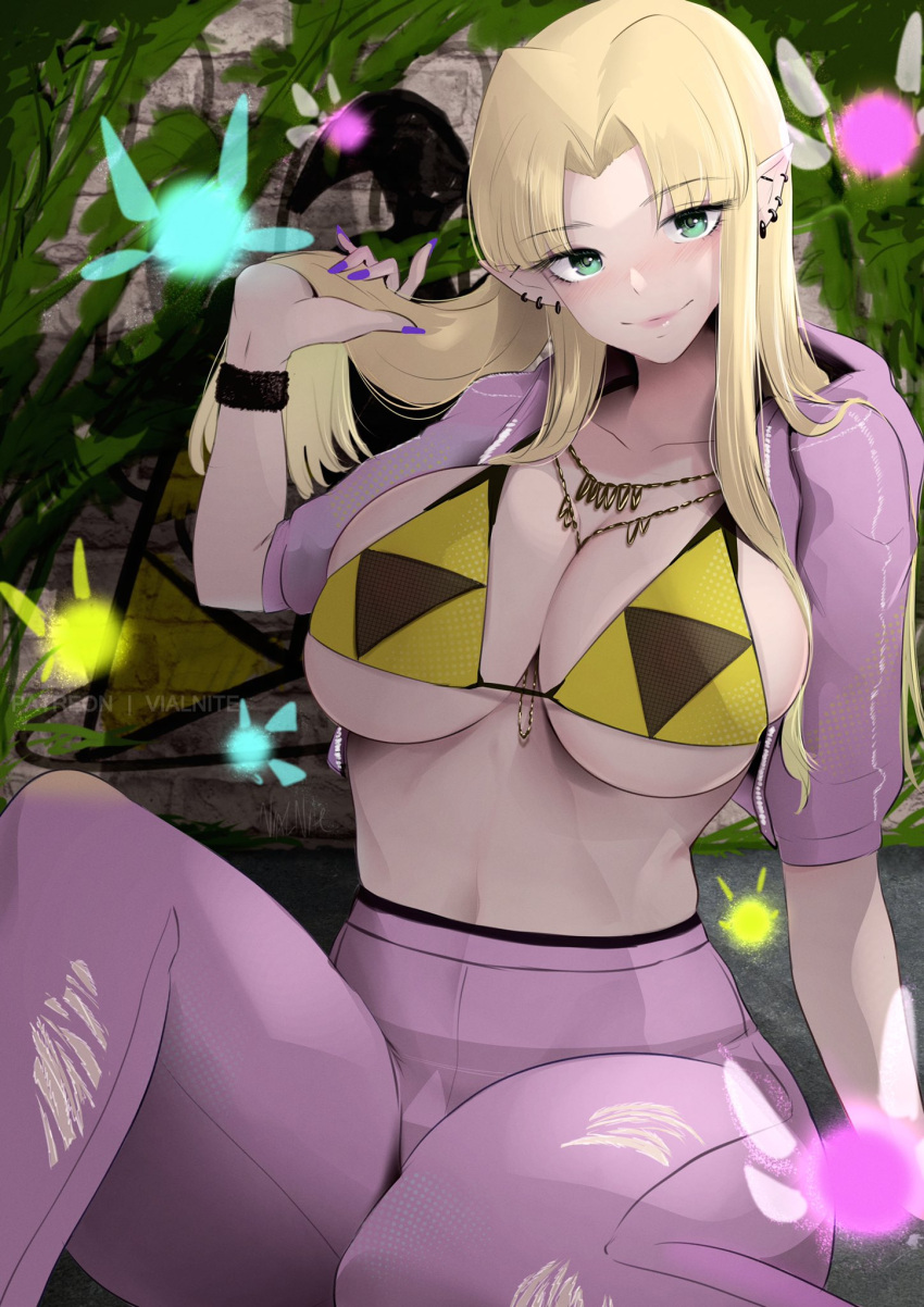 1girls 2022 a_link_between_worlds bikini_top blonde_female blonde_hair breasts cropped_jacket female green_eyes hips huge_breasts hylian jacket long_hair looking_at_viewer nintendo open_jacket pants pointy_ears princess princess_zelda royalty slim_waist smile the_legend_of_zelda thick_thighs thighs triforce_bikini vialnite wide_hips zelda_(a_link_between_worlds)