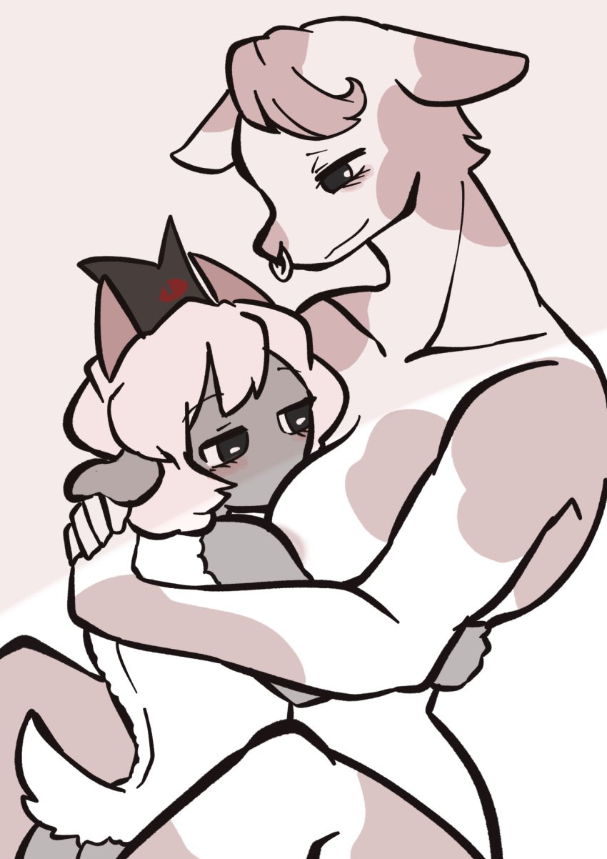 2girls animal_ears anthro areola areola_peek banai black_and_white black_eyes blush blush_lines breasts cow_girl crown cuddle cuddling cult_of_the_lamb devolver_digital female female_only fur furry furry_only furry_tail hi_res hugging lamb lamb_(cult_of_the_lamb) nose_piercing simple_background size_difference white_background white_fur white_hair wholesome yuri