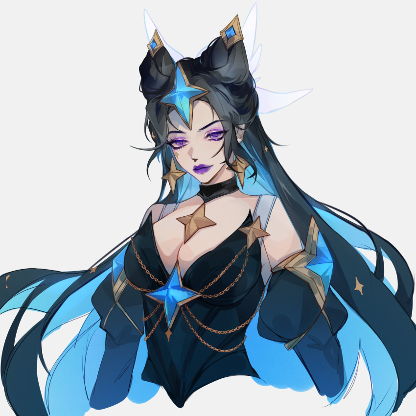 1girls black_hair blue_dress blue_hair cleavage collar cyan_hair dark_blue_hair earrings female female_only fully_clothed gradient_hair hair_buns hair_ornament large_breasts league_of_legends light-skinned_female light_skin linixu long_hair makeup multicolored_hair pale-skinned_female pale_skin prestige_skin purple_eyes purple_lipstick riot_games short_dress signature solo_female star_earrings star_guardian star_guardian_series star_guardian_syndra star_guardian_syndra_prestige_edition stars stars_in_hair syndra turquoise_hair