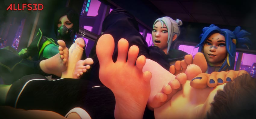 allfs3d blue_toenails cum feet feet_sniff foot_fetish foot_focus foot_sniffing footjob green_toenails jett_(valorant) neon_(valorant) valorant viper_(valorant) white_toenails