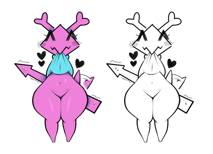 ^w^ anthro armless arrow belly blush bodily_fluids bottomless box_(hajimeyou654) clothed clothing clothing_lift deltarune eyelashes female heart huge_hips huge_thighs short_stack shortstack simple_background solo sweat tagme tail_motion tailwag thick_thighs undertale_(series) video_games virovirokun white_background wide_hips