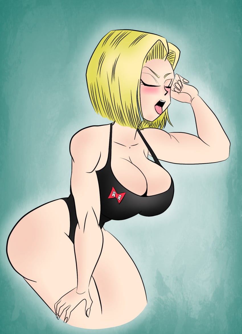 1girls android_18 blonde_female blonde_hair breasts cartoony cleavage closed_eyes dragon_ball dragon_ball_super dragon_ball_z female female_only funsexydragonball huge_breasts imminent_fellatio imminent_oral krimreaper leotard one-piece_swimsuit recolor seductive_mouth seductive_pose shounen_jump solo tongue tongue_out waiting_for_irrumatio