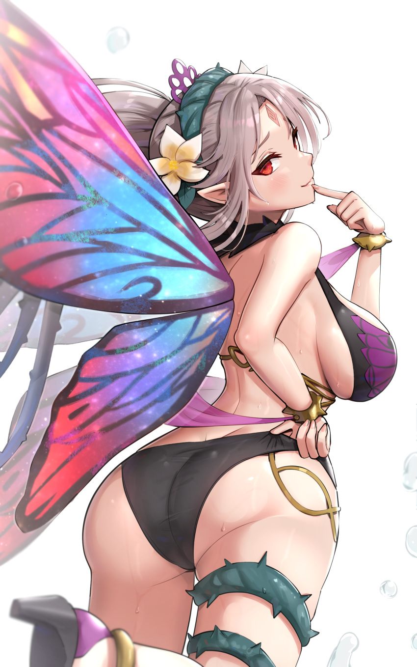 1girls absurdres adjusting_clothes adjusting_swimsuit alternate_costume alternate_version_available ass ass_cleavage back back_view bangs bikini black_bikini black_swimsuit blush bracelet breasts butt_crack butterfly_wings commentary_request facial_mark fairy fairy_wings female female_only finger_to_mouth fingernails fire_emblem fire_emblem_heroes flower forehead_mark from_behind gonzarez grey_hair hair_flower hair_ornament highres huge_ass jewelry large_ass large_breasts leg_up lips long_hair looking_back naughty_face nintendo official_alternate_costume parted_bangs plant plumeria_(fire_emblem) plumeria_(summer)_(fire_emblem) pointy_ears ponytail red_eyes sandals seductive_smile sideboob simple_background smile solo sweat sweatdrop swimsuit thigh_strap thighs thorns tied_hair vines wet white_background wings