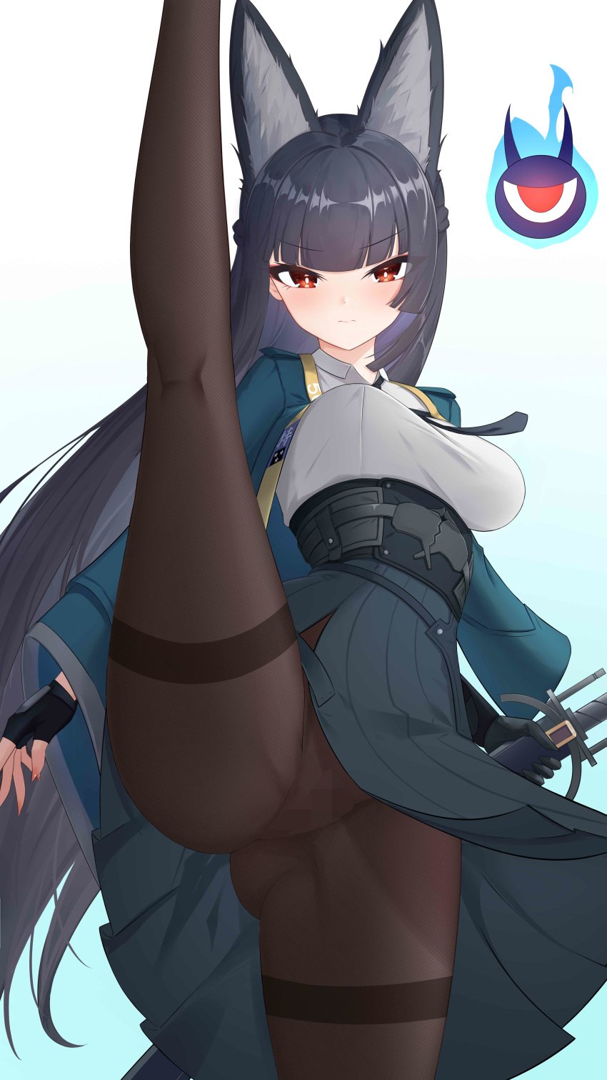 1girls 9:16 absurd_res animal_ears black_hair censored female female_only hi_res holding_sword holding_weapon hoshimi_miyabi jndfh light-skinned_female light_skin long_hair mosaic_censoring necktie no_panties one_leg_raised one_leg_up pantyhose pussy raised_leg red_eyes skirt skirt_lift sword thick_thighs upskirt vagina very_long_hair zenless_zone_zero