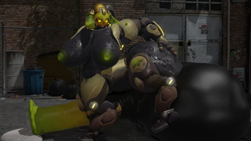 3d ass ass_grab ass_up blizzard_entertainment breasts ckiii3d_(artist) cum female futanari horsecock_futanari hyper hyper_balls orisa outside overwatch penis robot sweats