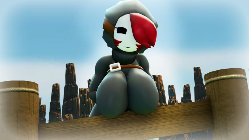 1girls 3d 3d_(artwork) belt big_breasts bimbo breasts clothed clothing female female_only hair_over_one_eye hood mario_(series) nintendo novaparadox1337 red_hair shy_gal shy_gal_black solo tagme