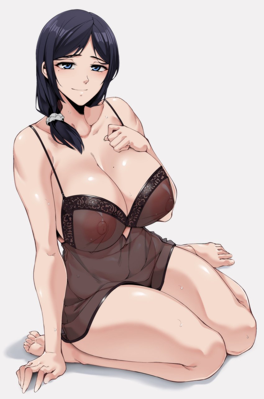 alternate_version_available areola arm_support babydoll bare_shoulders barefoot beauty_mark big_breasts blue_eyes blue_hair cleavage hand_on_breast hand_on_chest hand_on_own_breast hand_on_own_chest looking_at_viewer low-tied_long_hair mature mature_female milf mole mole_on_breast mole_under_eye nipples original original_character redbarong see-through simple_background sweatdrop wariza white_background yugo_(yugotme97)