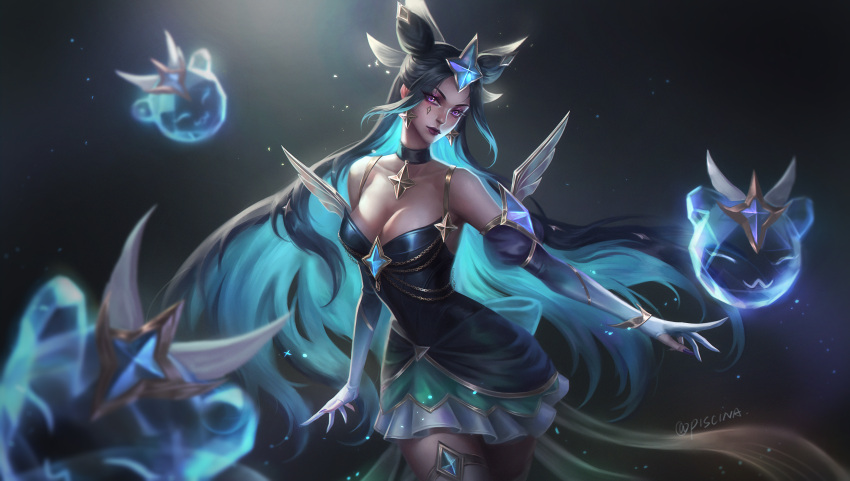 1girls 4k blue_dress blue_hair cleavage collar cyan_hair dark_blue_hair earrings eyebrows_visible_through_hair fake_wings female female_only fully_clothed gradient_hair hair_buns hair_ornament hi_res highres large_breasts league_of_legends light-skinned_female light_skin long_hair makeup multi_(league_of_legends) multicolored_hair pale-skinned_female pale_skin piscina_(artist) pose prestige_skin purple_eyes purple_lipstick riot_games short_dress signature solo_female star_earrings star_guardian star_guardian_series star_guardian_syndra star_guardian_syndra_prestige_edition stars stars_in_hair syndra thighhighs turquoise_hair