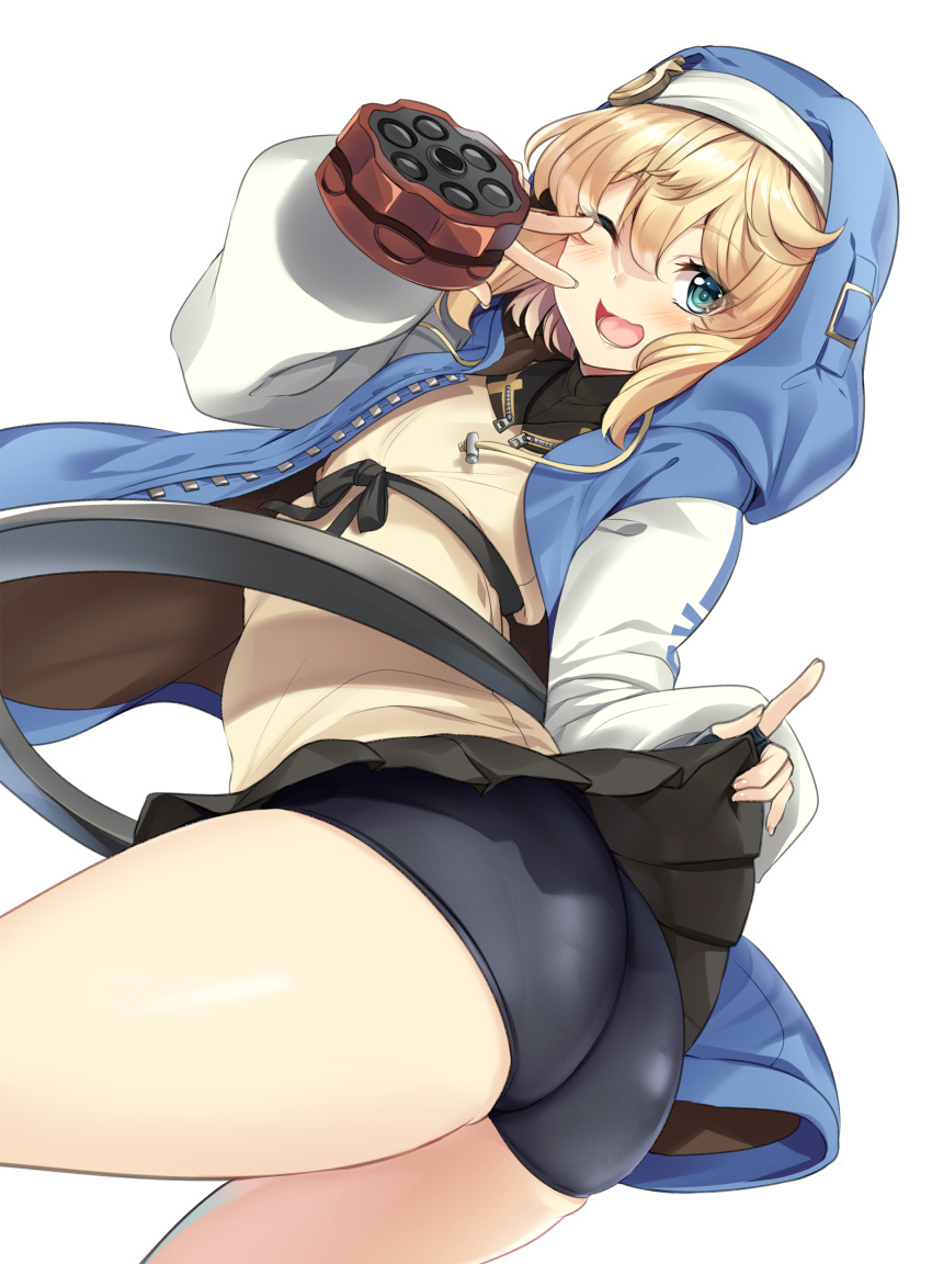 1boy absurdres androgyne_symbol androgynous ass ass_focus bangs bare_legs bike_shorts black_gloves black_ribbon blonde_hair blue_jacket blush bridget butt_crack chains crossdressing cuffs femboy feminine_male fingerless_gloves girly gloves green_eyes guilty_gear guilty_gear_strive habit hair_between_eyes handcuffs highres hinata_sora hood hood_up hooded_jacket jacket long_hair long_sleeves looking_at_viewer male male_only one_eye_closed open_mouth otoko_no_ko oversized_object pleated_skirt pulled_by_self ribbon shorts sidelocks simple_background skirt smile solo standing upskirt white_background yo-yo zipper