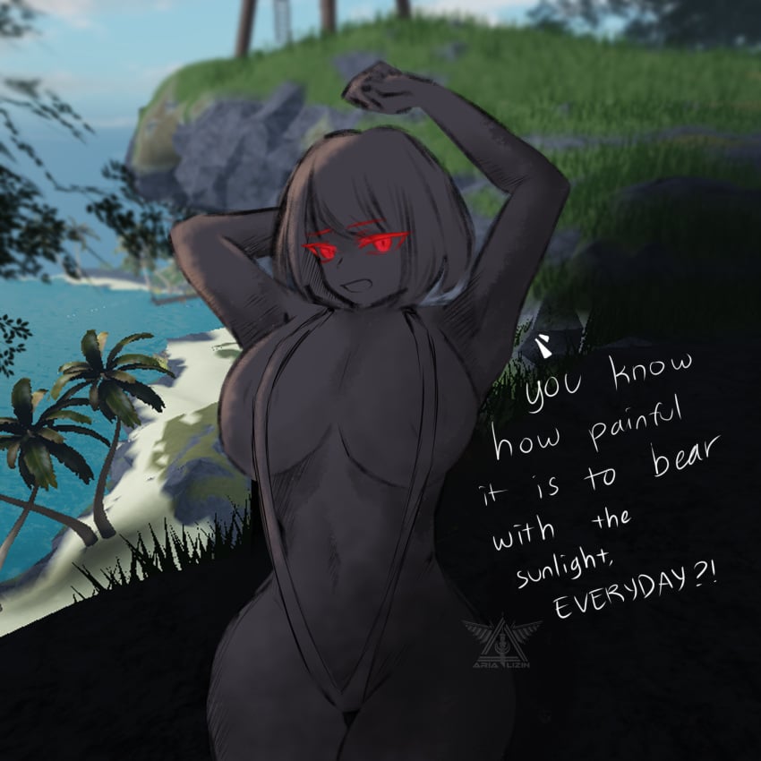 artist_logo artist_request big_breasts black_body black_hair dialogue english_text female isle_(roblox) looking_at_viewer monster_(isle) red_eyes roblox roblox_game robloxian rule_63 short_hair slingshot_swimsuit source_request swimsuit tagme text