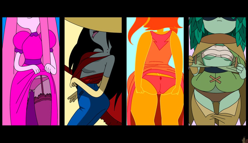 4girls adventure_time ass ass_focus ass_grab ass_visible_through_thighs asymmetrical_gloves bandage bandage_bra black_hair breasts brown_panties clothed clothed_female dress dress_lift elbow_gloves face_out_of_frame facing_viewer flame_princess from_behind garter_belt garter_straps green_hair green_skin hat huntress_wizard inker_comics inkershike jeans leaf_hair marceline mask medium_breasts monster_girl no_bra opera_gloves out_of_frame pale_skin panties pants pants_down pink_hair pink_panties princess_bubblegum red_hair red_skin sideboob small_breasts smiling tank_top tongue_out undressing vampire vampire_girl wide_hips