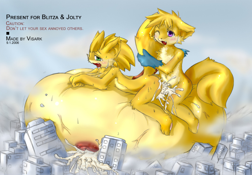 2006 blitza breasts buildings caution city cum cum_inside female flood fog fur furry furry_only game_freak giantess hyper inflation jolteon jolty male milk nintendo nipples original_character penetration pokemon pokemon_rgby sex source_request straight visark