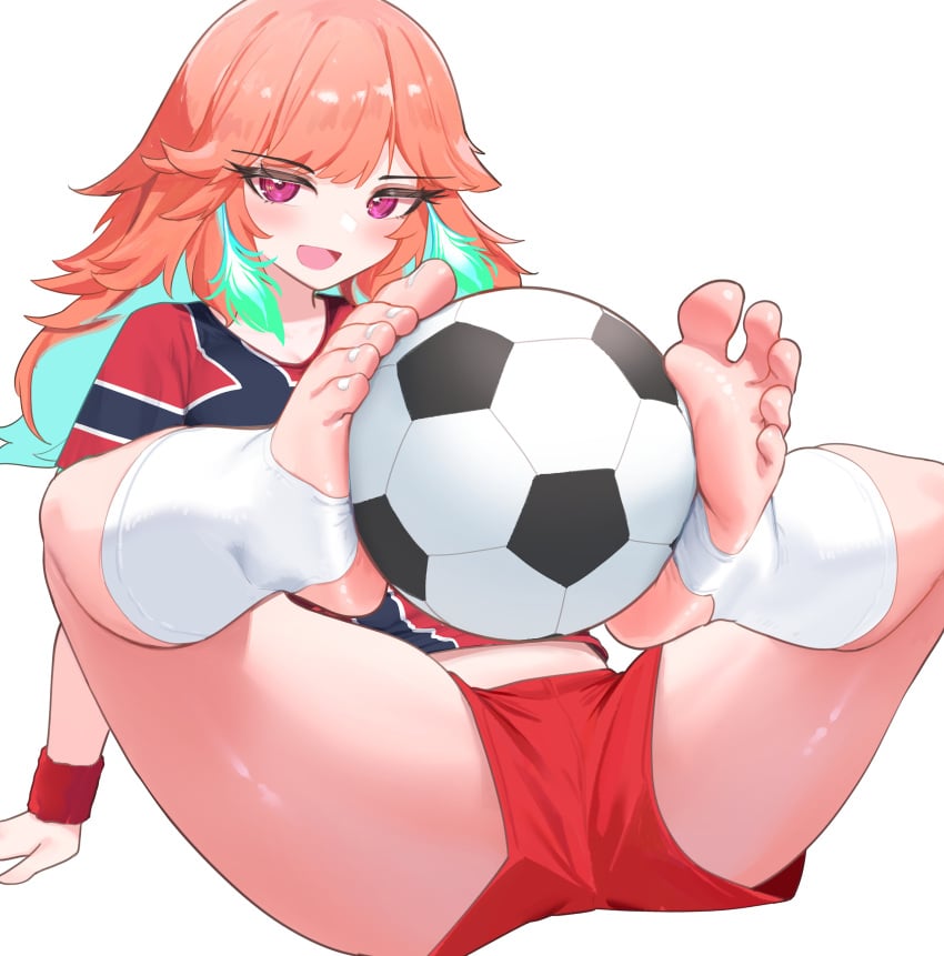 1girls barefoot clothed clothed_female crotch_view earrings feather_earrings feet feet_up female foot_fetish foot_focus hands_on_floor holding_object holding_object_with_feet hololive hololive_english hololive_myth legs_apart legs_apart_feet_together legs_up light-skinned_female light_skinned long_hair looking_at_viewer orange_hair phoenix pompmaker1 purple_eyes shirt shorts simple_background smiling soccer soccer_ball soccer_uniform soles solo solo_focus spread_legs stirrup_legwear stirrup_socks takanashi_kiara thighs toenails virtual_youtuber white_background