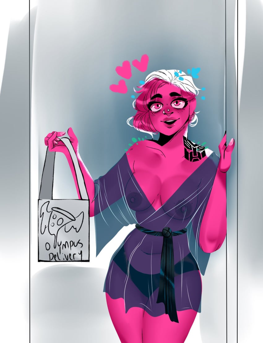 breasts delivery lore_olympus nightgown nightwear nipples persephone persephone_(lore_olympus) pink_body pink_hair pink_skin see-through see-through_clothing sexy short_hair underwear