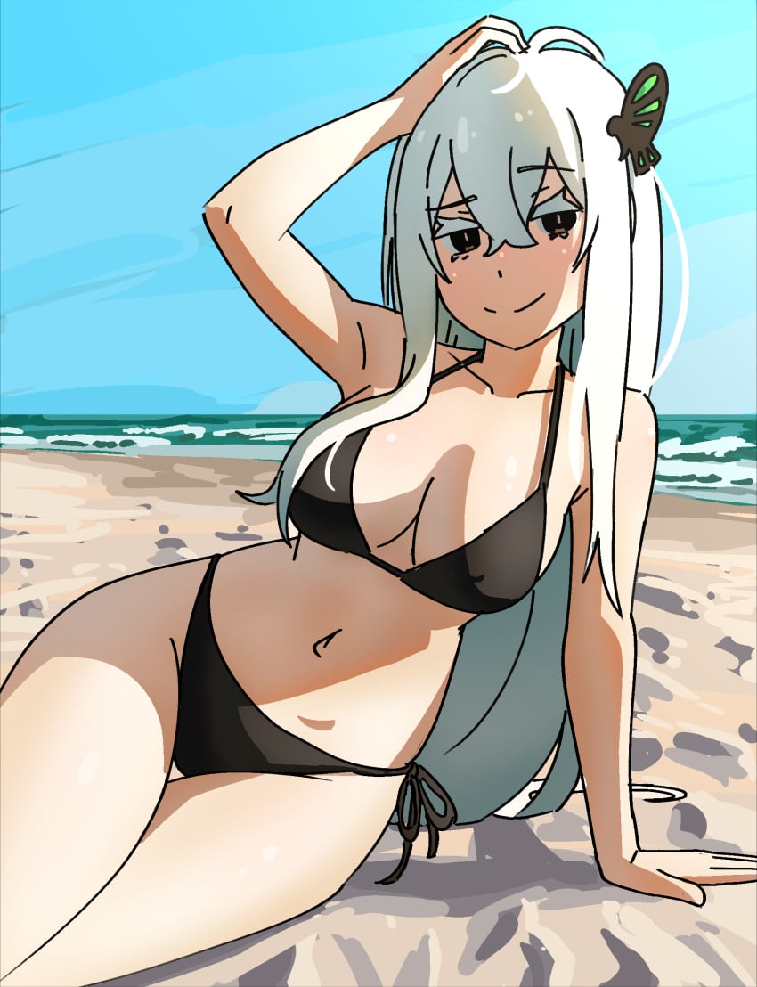 1girls bikini black_bikini black_eyes echidna_(re:zero) female female_focus female_only hourglass_figure looking_at_viewer looking_back mayngomay peak re:zero_kara_hajimeru_isekai_seikatsu white_hair
