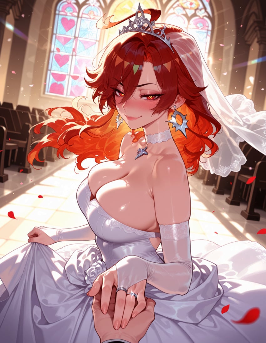 1boy 1girl 1girls ahoge ai_generated balecxi bare_shoulders blush breasts bridal_gauntlets bridal_veil bride choker church cleavage closed_mouth clothing collarbone crown curvaceous curvaceous_female curvaceous_figure curvy curvy_figure dress earrings elbow_gloves female female_focus fingernails flower genshin_impact glint gloves hair_between_eyes headdress headwear holding_hands hoyoverse indoors jewelry large_breasts long_hair looking_at_viewer mavuika_(genshin_impact) mihoyo mole mole_on_breast ornate_ring out_of_frame petals pov_hands red_eyes red_hair ring rose skirt_hold smile solo_focus stained_glass strapless strapless_dress tiara veil voluptuous voluptuous_female wedding wedding_dress wedding_ring white_choker white_dress white_flower white_gloves white_rose window