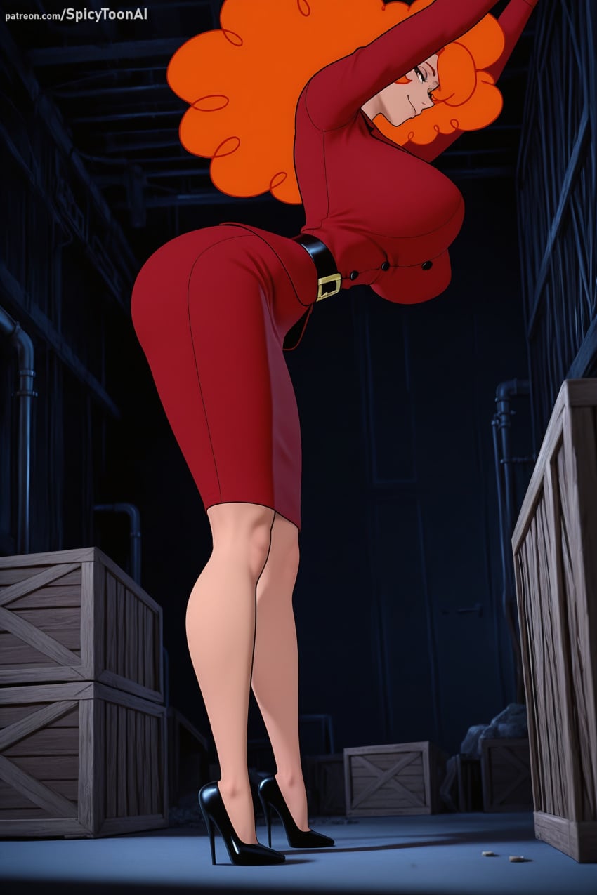 1girl ai_generated ass belt black_footwear breasts full_body hi_res high_heels high_quality high_resolution huge_breasts large_breasts orange_hair patreon powerpuff_girls sara_bellum seductive sexy solo spicytoonai standing uncensored watermark