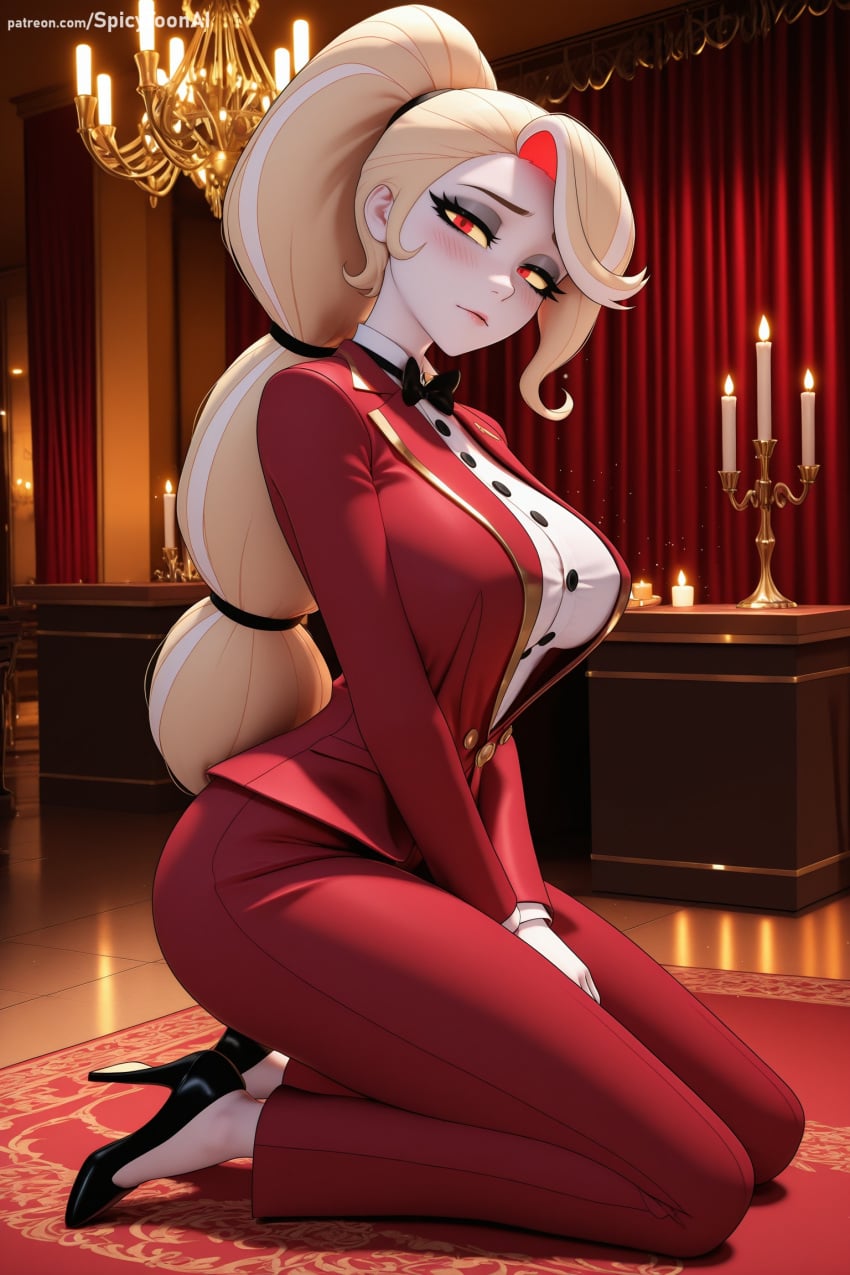 1girl ai_generated blonde_hair breasts charlie_morningstar_(hazbin_hotel) choker gloves hazbin_hotel hi_res high_heels high_quality high_resolution horns large_breasts looking_at_viewer patreon patreon_username ponytail red_eyes seductive sexy solo spicytoonai tail uncensored v_arms watermark